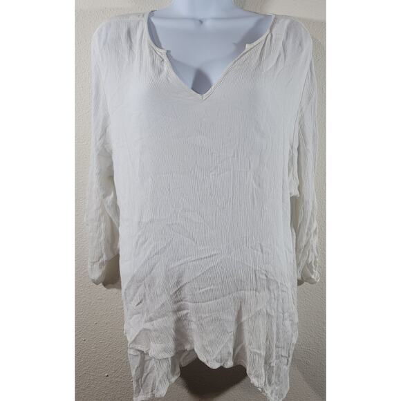 Karen Kane White Crinkled Layered Top 2X Lightweight Flowy Boho Roll Tab Sleeve - Picture 1 of 5